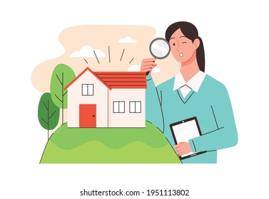 A woman with a magnifying glass is observing the property. Real estate investment, prudent purchase concept vector illustration.