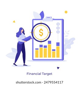 Woman with magnifying glass reviewing report. Profit prediction. Financial target concept flat vector illustration. Businesswoman aiming commercial goal cartoon character colour composition