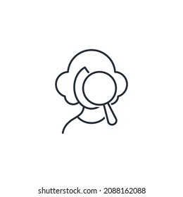 Woman and magnifying glass. Search. Women's expertise. Vector linear icon isolated on white background.