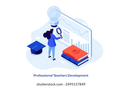 Woman with magnifying glass studying online materials. Professional teachers development concept isometric vector illustration. Female tutor preparing lessons cartoon character colour composition