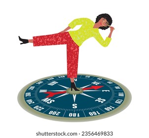Woman with magnifying glass tanding on compass. Isolated. Vector illustration.