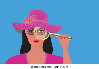 Woman with magnifying glass. Vector illustration. EPS10.