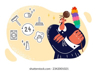 Woman maid with dusting brush smiling as she advertises round clock hotel room cleaning and laundry service. Happy maid works as housekeeping manager and stands with arms crossed proudly