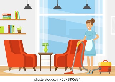 Woman Maid as Hotel Staff in Apron Vacuum Cleaning in the Room Vector Illustration