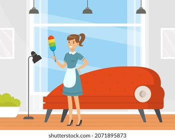 Woman Maid as Hotel Staff in Apron Dusting in the Room Vector Illustration