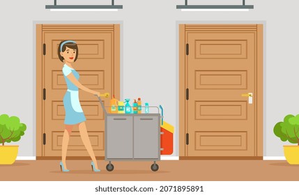 Woman Maid as Hotel Staff in Apron Pushing Cart with Detergents Vector Illustration