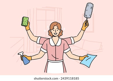 Woman maid is ready to quickly clean apartment, working in multitasking mode thanks to presence of four hands. Girl maid stands in hotel room and holds items to perform high-quality cleaning