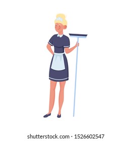 Woman maid standing and holding cleaning brush vector illustration