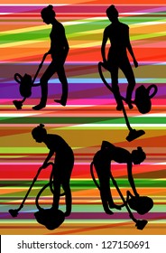 Woman maid with vacuum cleaner and carpet sweeper cleaning rug floor in colorful illustration background vector