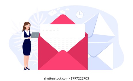 Woman and mail. Email messaging, girl communicating on computer. Businesswoman reading or writing urgent letter