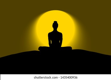 A woman maintaining the yoga Butterfly pose against a surreal yellow sunrise. Vector illustration. 