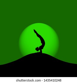 A woman maintaining the yoga Feathered Peacock pose also known as Elbow stand against a green halo. Vector illustration. 