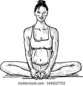 A woman maintaining the yoga posture of the Butterfly pose. Hand drawn vector illustration. 