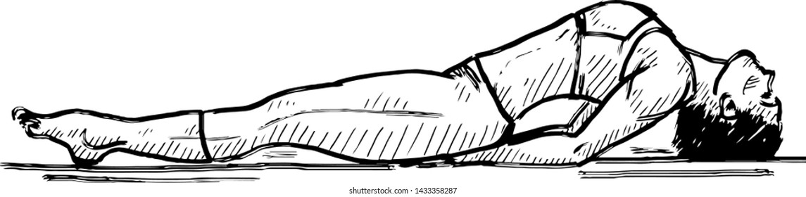 A Woman Maintaining The Yoga Posture Of The Fish Pose. Hand Drawn Vector Illustration. 