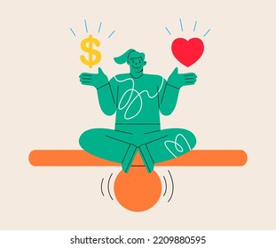 Woman make is balancing choice and balanced between love and money. Colorful vector illustration
