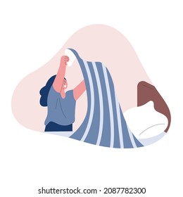 Woman Make The Bed. Vector Illustration In Flat Style.