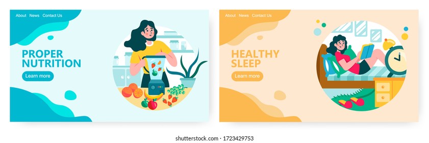 Woman make berry and fruit smoothie in blender. Young girl read book in her bed at home. Healthy lifestyle concept illustration. Vector web site design template. Landing page website illustration