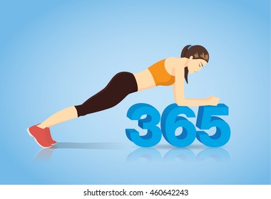 Woman make body plank workout on number 365 symbolism. This is concept about exercise every day.