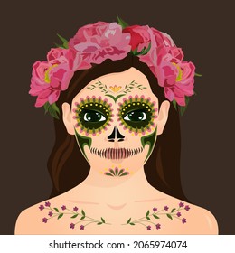 Woman with make up of Catrina face. Day of the Dead concept. Mexico Halloween. Dia de Los Muertos. Vector illustration.