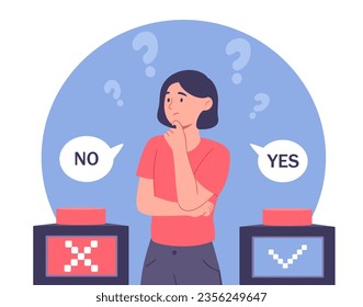 Woman make choice concept. Young girl near yes and no speech bubble. Pensive character near two buttons with tick and cross. Logical thinking and decision. Cartoon flat vector illustration