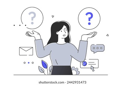 Woman make choice simple. Young girl with question mark. Businesswoman with solution and decision. Entrepreneur decide. Doodle flat vector illustration isolated on white background