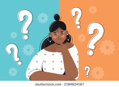 Woman make choice. Young girl looking for answers to question, makes important decision in life. Analytics and logical thinking, thoughtful and pensive character. Cartoon flat vector illustration