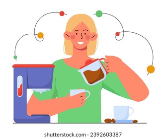 Woman make coffee concept. Young girl with hot drink. Aroma and beverage. Espresso and capuccino, americano. Poster or banner. Cartoon flat vector illustration isolated on white background
