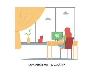 Woman make internet purchase. Vector illustration.