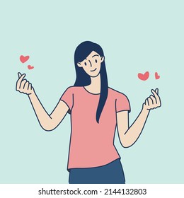 Woman make korean heart sign. valentine's day poster decoration. Hand draw style. Vector illustration.