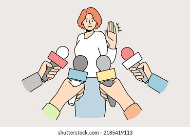 Woman Make No Comment Gesture At Interview With Reporters. Determined Female Show Stop Hand Sign Refuse Talk With Journalists. Vector Illustration. 