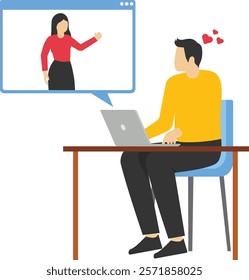 Woman make online conversation via laptop computer, Vector illustration in flat style

