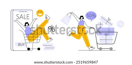 Woman make a purchase, internet shop, online store customer order concept. Running female with cart or trolley full of gifts. Flat line vector illustration on white.