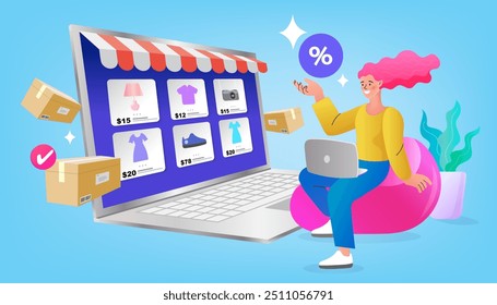 woman make purchase online. Marketplace website with laptop. Online shopping, e-commerce. Display with storefront and various goods. buy at sales with discounts and pay. flat vector illustration.