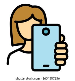 Woman make selfie icon. Outline woman make selfie vector icon for web design isolated on white background