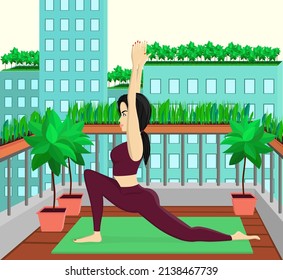 Woman make sportive exercices 
on the balcony. Slim sportive young woman doing yoga. Cartoon characters demonstrating yoga position. 
Rooftop garden view. Healthy lifestyle. Vector stock illustration.