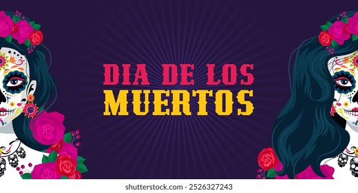 woman with make up of sugar skull for dia de los muertos background. vector illustration