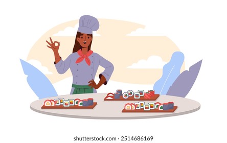 Woman make sushi. Young girl in cap stands near trays with seafood and vegetables. Person with asian cuisine. Cook prepare rolls and sushi. Flat vector illustration isolated on white background