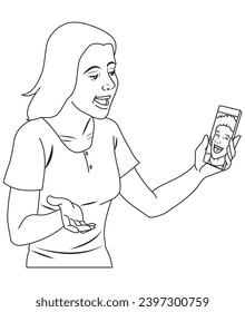 Woman make a video call in outline and vector format.