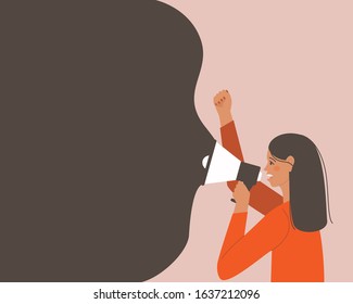 A woman makes an announcement in a megaphone. The concept of protest. Horizontal banner with place for text. Announcement business communication. Vector illustration flat.
