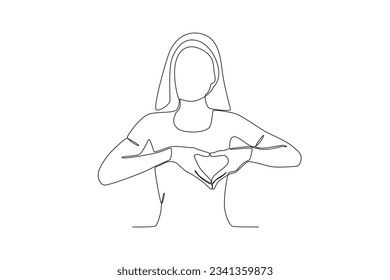 A woman makes a breast awareness love pose. Breast cancer awareness month one-line drawing