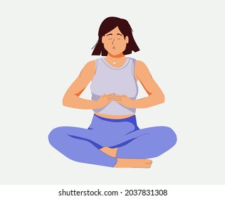 La mujer hace ejercicio de Respiración. La chica se sienta en el suelo en pose lotus y hace un exhalo. Recuperación del sistema respiratorio después de la enfermedad. Concepto de salud y bienestar. Meditación, fitness, relajación