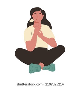 Woman makes Breathing exercise. Girl sits on the floor in pose lotus and makes a exhale. Recovery Respiratory system after illness. Health and wellbeing concept.