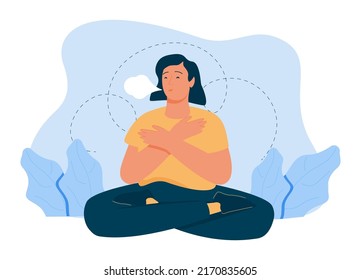 Woman makes Breathing exercise. Girl sits on the floor in pose lotus and makes a exhale. Recovery Respiratory system after illness. Health and wellbeing concept.