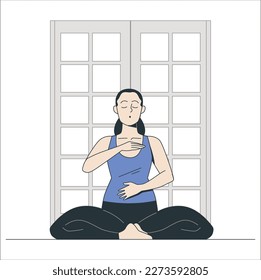 Woman makes Breathing exercise. Girl sits on the floor in pose lotus and makes a exhale. Recovery Respiratory system after illness. Health and wellbeing concept. Breath exercise for good relaxation.