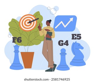 Woman makes business strategy. Young girl near chess pieces. Planning, goal and tasks setting. Motivation and leadership, success. Employee and entrepreneur. Flat vector illustration