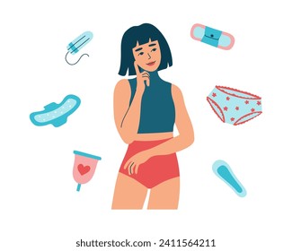 Woman makes a choice among feminine menstruation hygiene items. Various disposable and reusable  protection products for menses. Liner, pad, tampon, pantie, menstrual cup. Isolated vector illustration