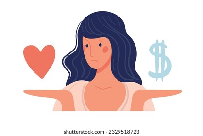 A woman makes a choice between family and career, hobbies and work, spiritual balance and material values. Concept illustration with a female character. Vector flat illustration isolated on white
