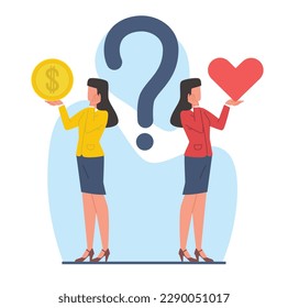 Woman makes choice between love and money. Female character thinking, question sign. Business or family selection. Alternative solutions. Cartoon flat illustration. Vector dilemma concept