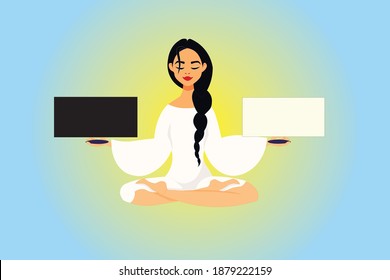 A woman makes a choice. black or white reason. wrong and right on the scales. The concept of love or wealth