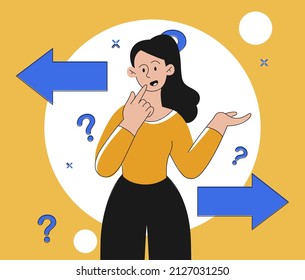 Woman makes choice. Girl evaluates two options, choice of optimal path, thoughtful character. Entrepreneur, problems at work and in personal life, mental dead end. Cartoon flat vector illustration